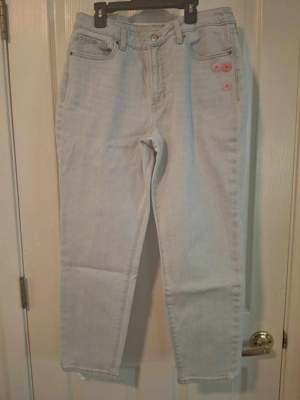 Old Navy Light Blue High-Rise Jeans with Hand Embroidered Pink Flowers